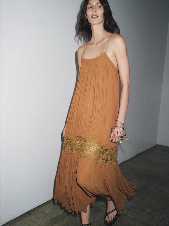 Zara Dresses & Skirts - Zara ZW Collection Wrinkled Embroidered Dress in Brown